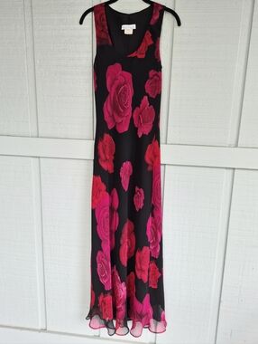 White House Black Market Black Midi Dress Bright Pink Roses Lined M Bias Cut